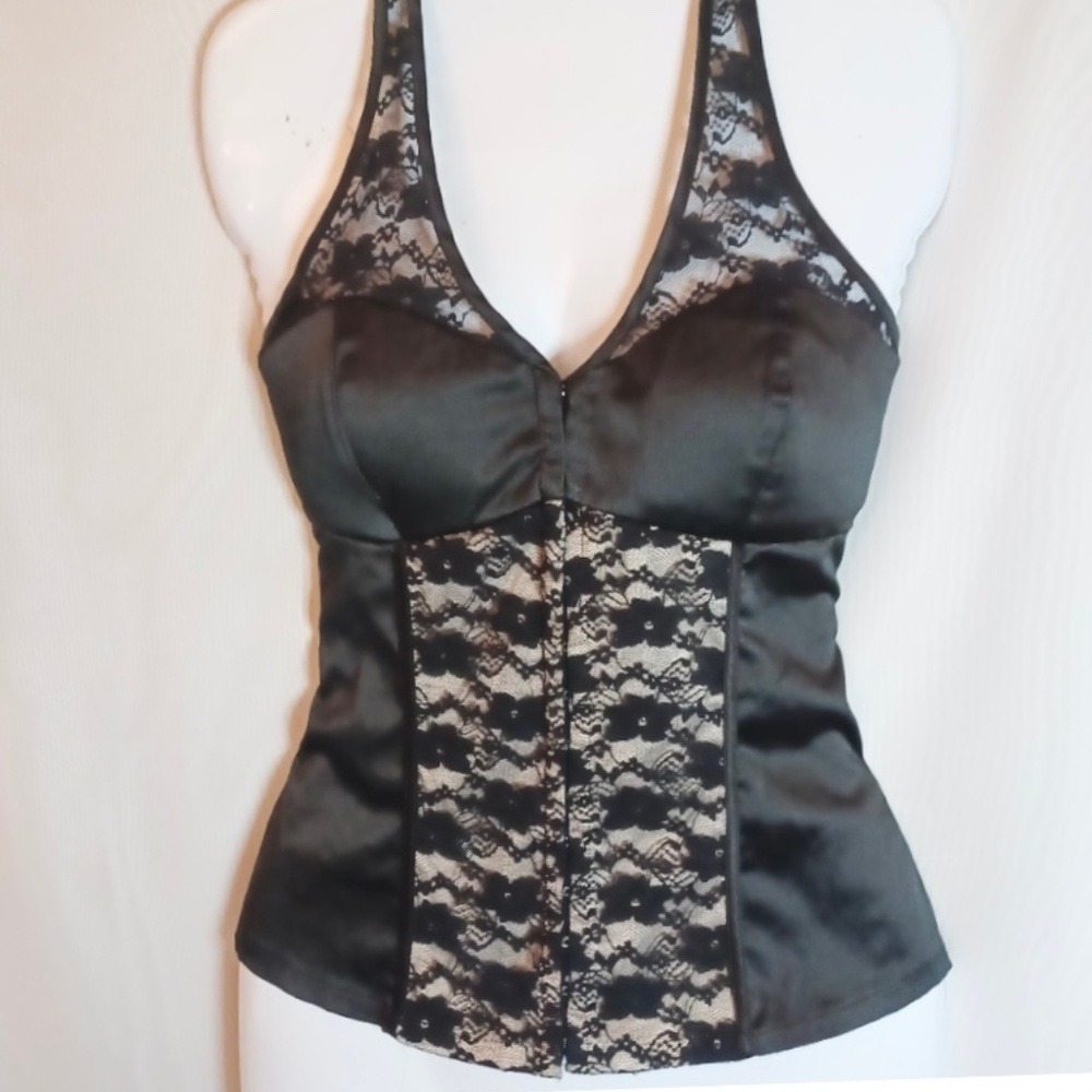 Guess Lace Satin Corset Halter Top Women M Black